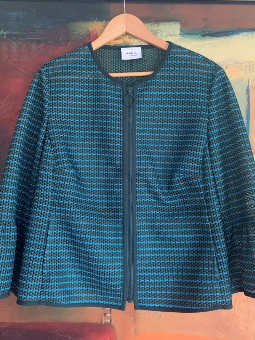 Akris Punto 3D Mesh Bell Sleeve Peplum Jacket Teal Green Black, US 14